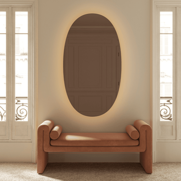 Brio Bronze large mirror, 160cm oval design with bronze glow, Belgian-made by Deknudt Mirrors