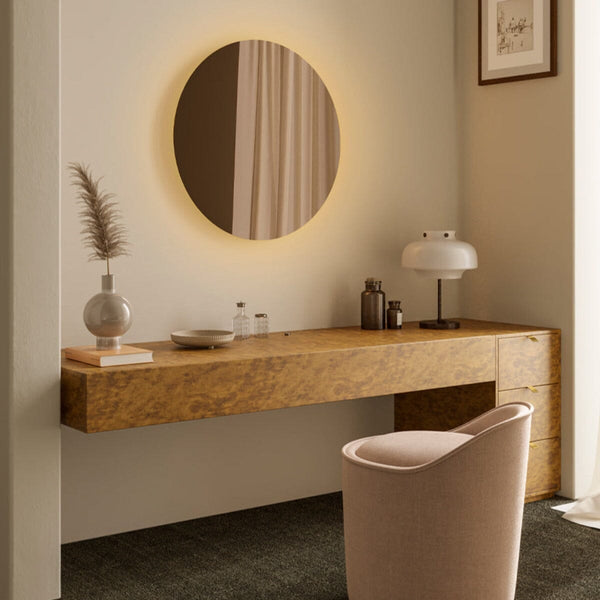 Brio Bronze small mirror, 82cm floating oval design, Belgian-made by Deknudt Mirrors