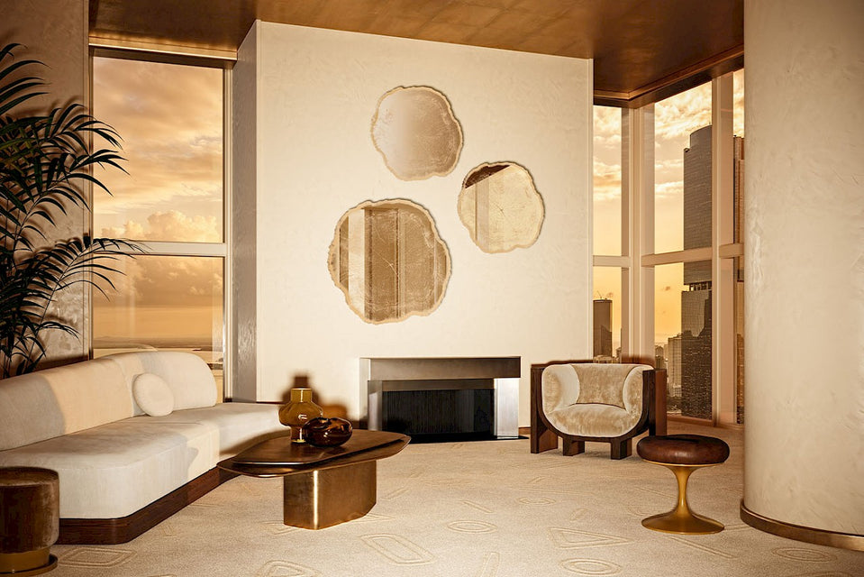Arbo Gold mirror by Deknudt Mirrors in a penthouse living room