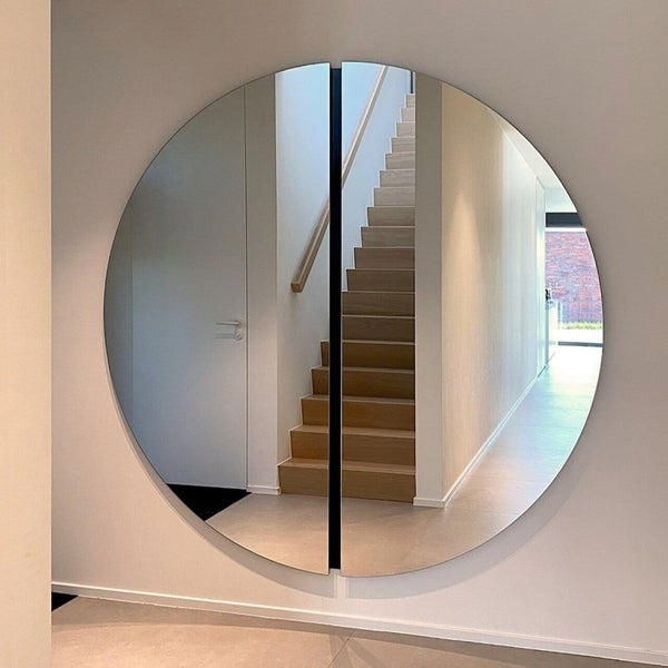 Luna Black round mirror, 150cm semi-moon design with black strip, made in Belgium by Deknudt