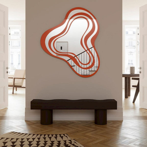 Nimbus Orange mirror, 123cm rotating suspended design, Belgian-made by Deknudt Mirrors