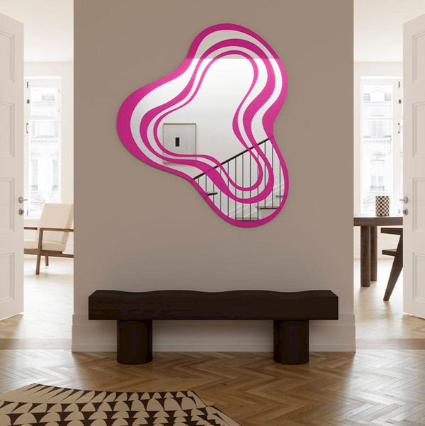 Nimbus Pink mirror, 123cm mirrored wall art, handcrafted in Belgium by Deknudt Mirrors