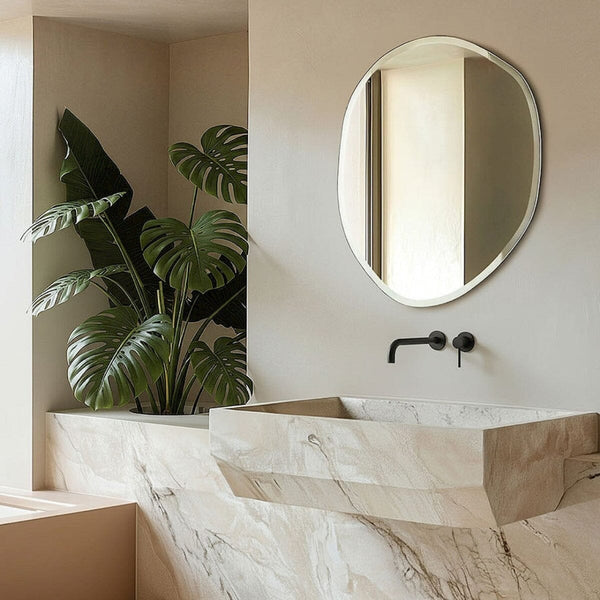 Pure medium mirror, organic shape with bevelled edge, handcrafted in Belgium by Deknudt Mirrors