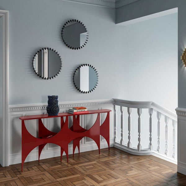 Ray Black mirror set of three small geometric disc mirrors, Belgian-made by Deknudt Mirrors
