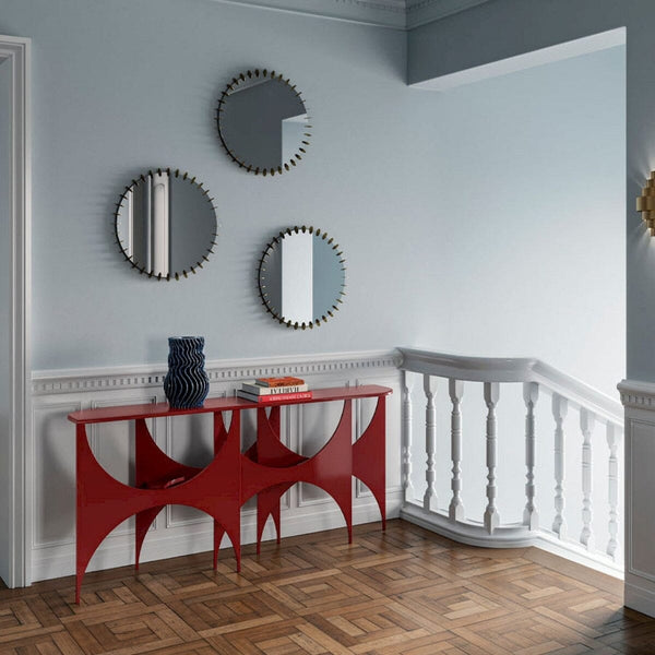 Ray Gold mirror set of three small geometric disc mirrors, Belgian-made by Deknudt Mirrors