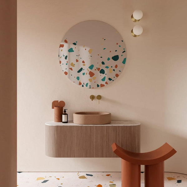 Terrazzo mirror, 100cm round with vibrant terrazzo pattern, Belgian-made by Deknudt Mirrors