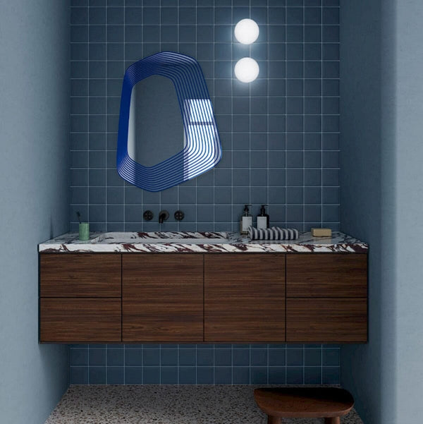 Vibe Blue mirror, 80cm irregular shape, handcrafted in Belgium by Deknudt Mirrors