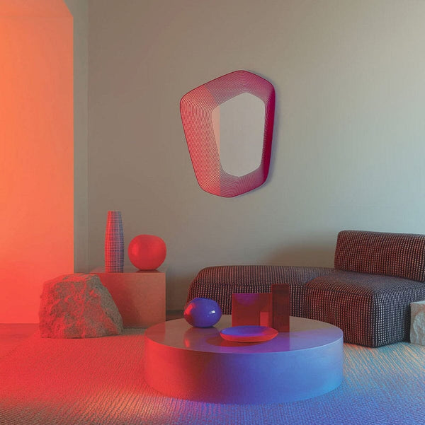 Vibe Pink mirror, 80cm retro designer wall mirror, Belgian-made by Deknudt Mirrors