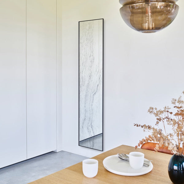Travertin mirror, 174cm floor-length design with limestone-effect finish, Belgian-made by Deknudt